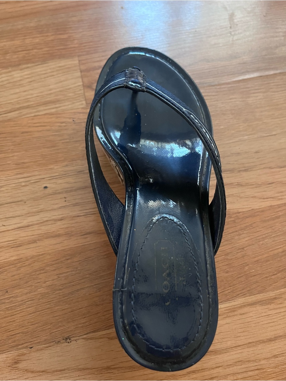 Coach Black Patent Leather Logo Wedge Thong Sandals with Monogram Platform - Picture 4 of 7